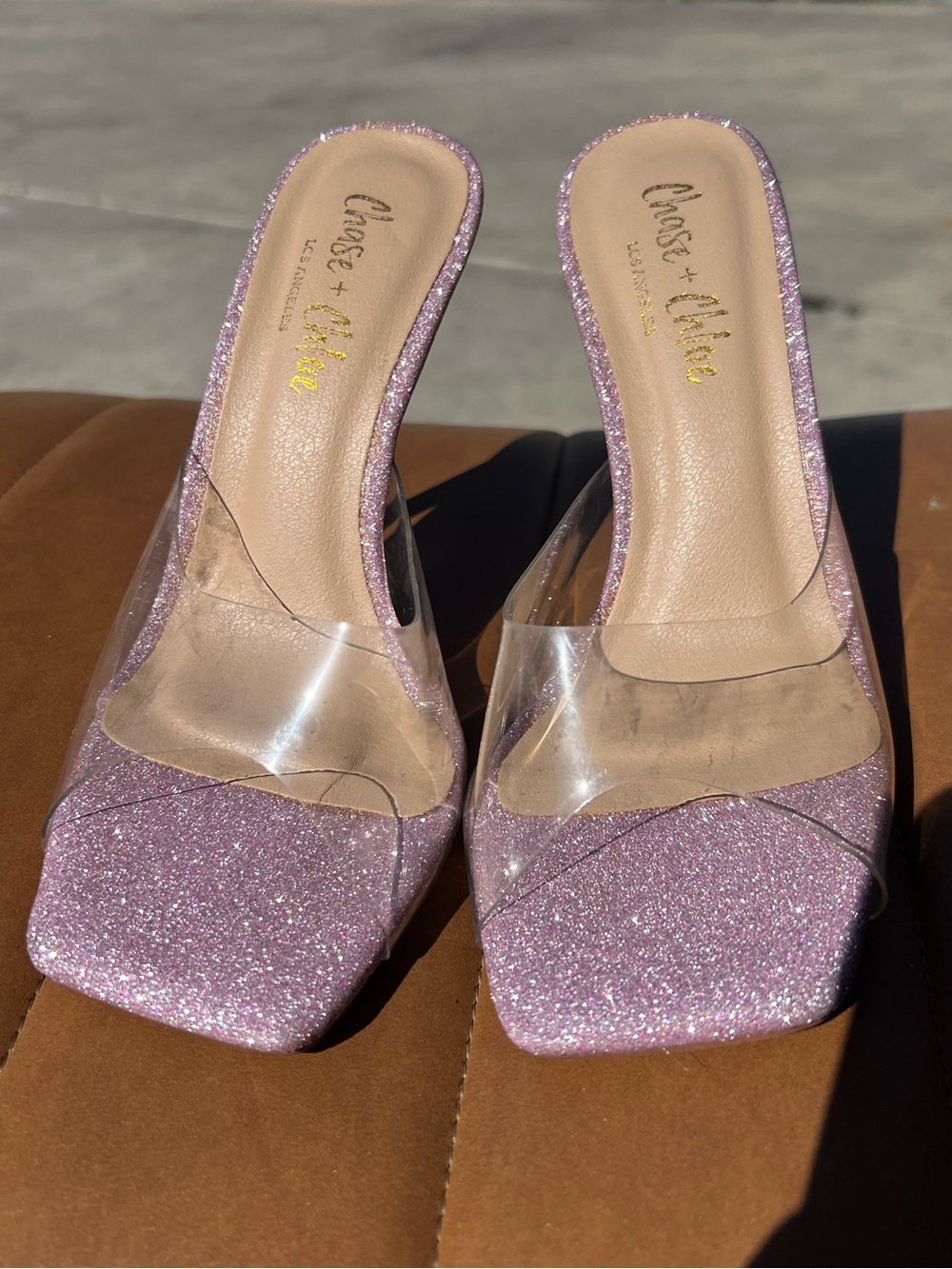 Chase + Chloe pink Glitter heels with Clear Strap NWT